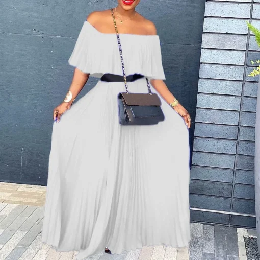 Pleated Off-Shoulder Dress: Elegant, High Waist, Floor-Length, African-inspired - Image 5