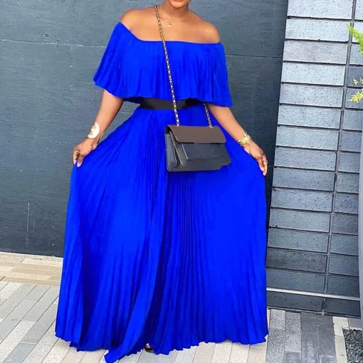 Pleated Off-Shoulder Dress: Elegant, High Waist, Floor-Length, African-inspired - Image 6