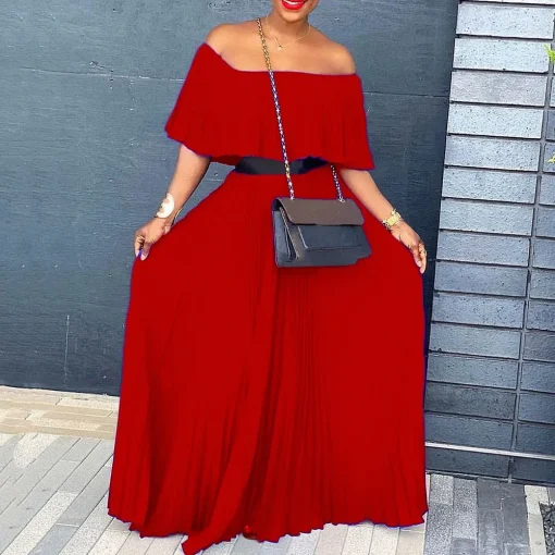 Pleated Off-Shoulder Dress: Elegant, High Waist, Floor-Length, African-inspired