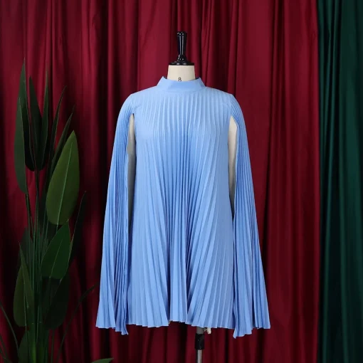 Elegant Pleated Mid-Calf Dress with Batwing Sleeves for Women - Image 3