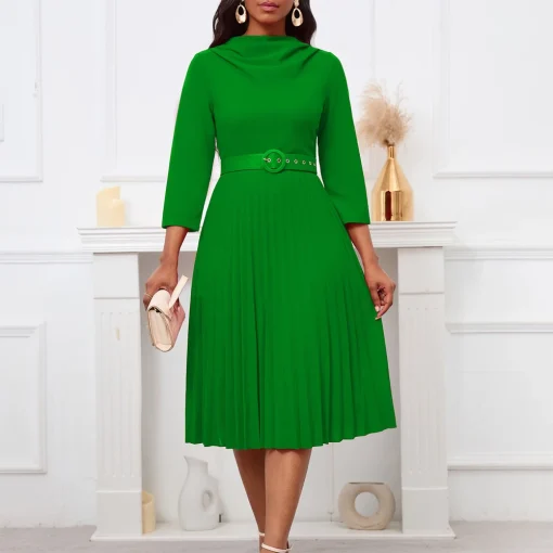 Pleated Round Neck Dress: Elegant Full Sleeve, Belted, Formal OL