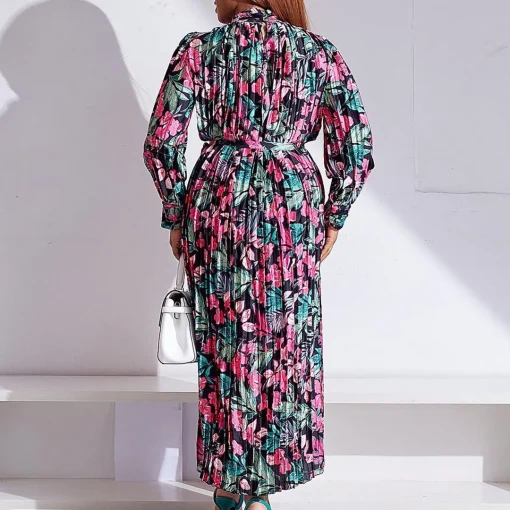 Printed Pleated Dress: Elegant Round Neck, Full Sleeve, Ankle-Length - Image 2