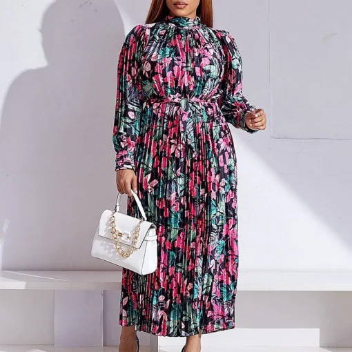 Printed Pleated Dress: Elegant Round Neck, Full Sleeve, Ankle-Length