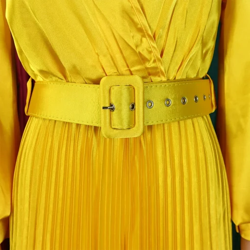 Pleated V-Neck Dress: Elegant, Full Sleeve, Ankle-Length, Belt Waisted - Image 6