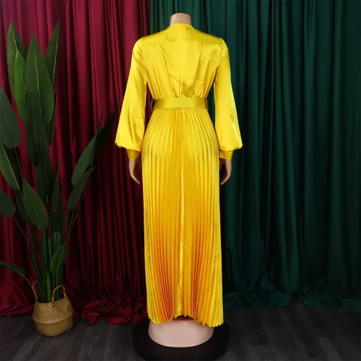 Pleated V-Neck Dress: Elegant, Full Sleeve, Belted, Ankle-Length Luxury Wear - Image 4