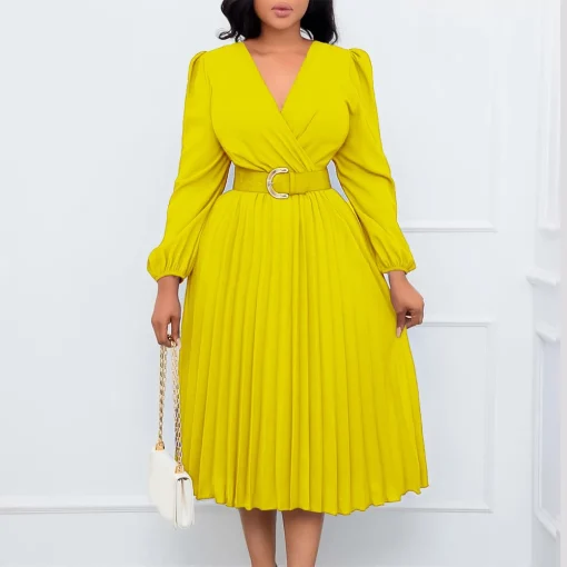 Pleated V-Neck Dress: Elegant, Full Sleeve, Belted, Mid-Calf Business Attire