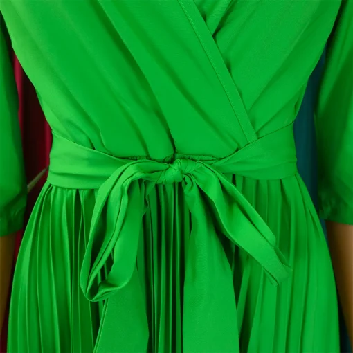 Pleated Midi Dress: Elegant V-Neck, Full Sleeve, Belted, Professional OL - Image 6