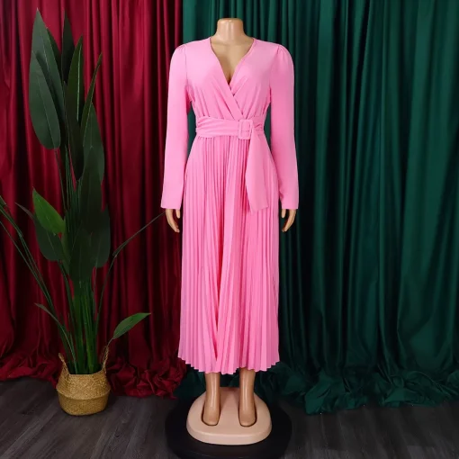 Pleated V-Neck Dress: Elegant, Full Sleeve, Ankle-Length, Luxury Vestidos - Image 2