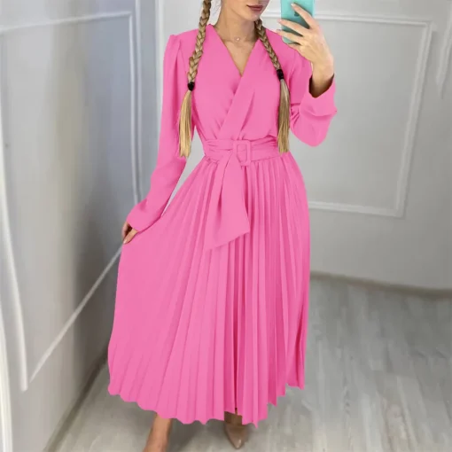 Pleated V-Neck Dress: Elegant, Full Sleeve, Ankle-Length, Luxury Vestidos