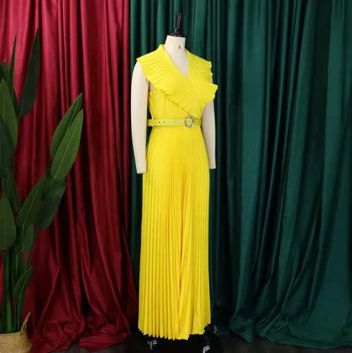 Luxury V-Neck Long Dress: Elegant Pleats, Ruffled Sleeves, Belted - Image 3