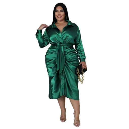 Satin Plus Size Shirt Dress: Sexy Lace-Up Evening Midi - Image 5