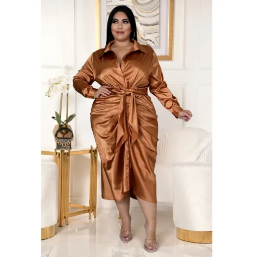 Satin Plus Size Shirt Dress: Sexy Lace-Up Evening Midi