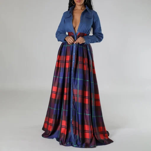 Plaid Floor-Length Shirt Dress: Elegant Turn-Down Collar, Full Sleeve - Image 2