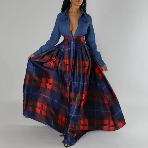 Plaid Floor-Length Shirt Dress: Elegant Turn-Down Collar, Full Sleeve - Image 3