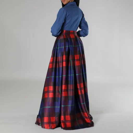 Plaid Floor-Length Shirt Dress: Elegant Turn-Down Collar, Full Sleeve - Image 4