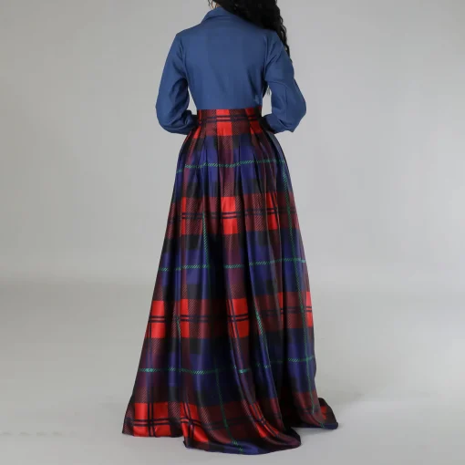 Plaid Floor-Length Shirt Dress: Elegant Turn-Down Collar, Full Sleeve - Image 5