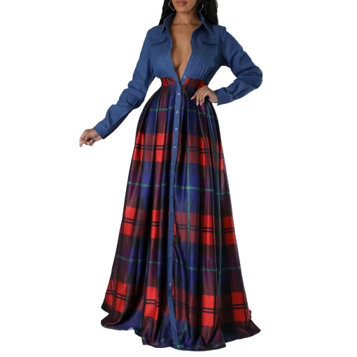 Plaid Floor-Length Shirt Dress: Elegant Turn-Down Collar, Full Sleeve - Image 6