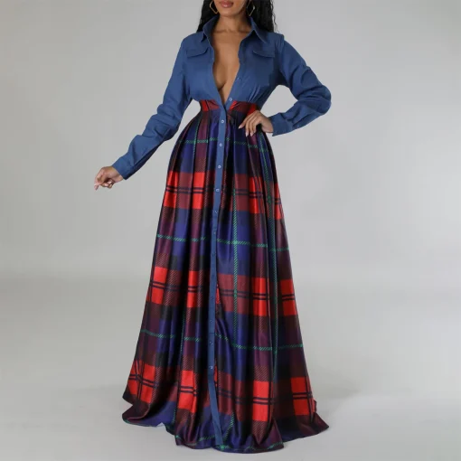 Plaid Floor-Length Shirt Dress: Elegant Turn-Down Collar, Full Sleeve