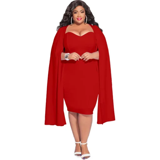 Fall Winter Plus Size V-Neck Bodycon Party Dress with Cape - Image 2