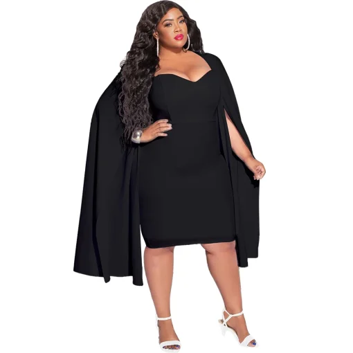 Fall Winter Plus Size V-Neck Bodycon Party Dress with Cape - Image 3