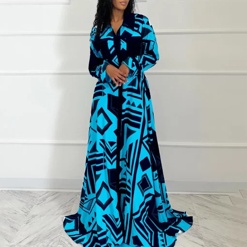 Elegant Printed Shirt Dress: Floor-Length Chic