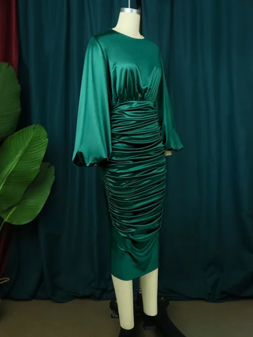 Long Sleeve Green Bodycon Midi Dress - Elegant, Plus Size - Image 2