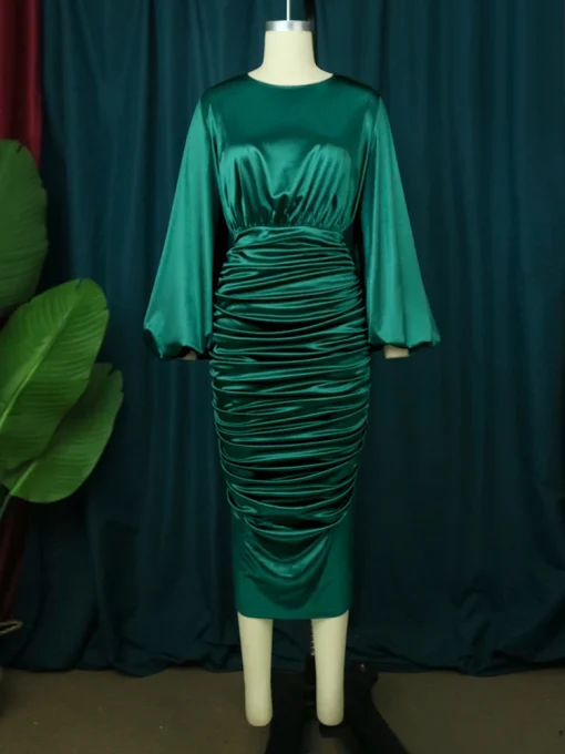 Long Sleeve Green Bodycon Midi Dress - Elegant, Plus Size - Image 3