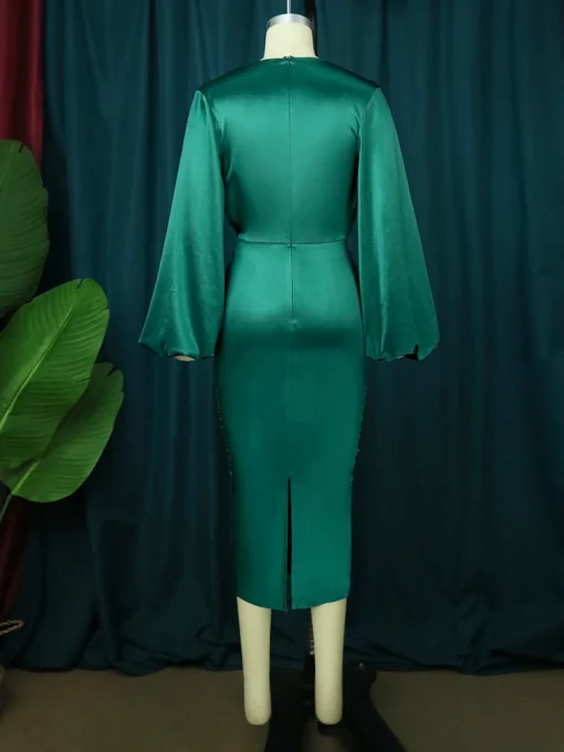 Long Sleeve Green Bodycon Midi Dress - Elegant, Plus Size - Image 4