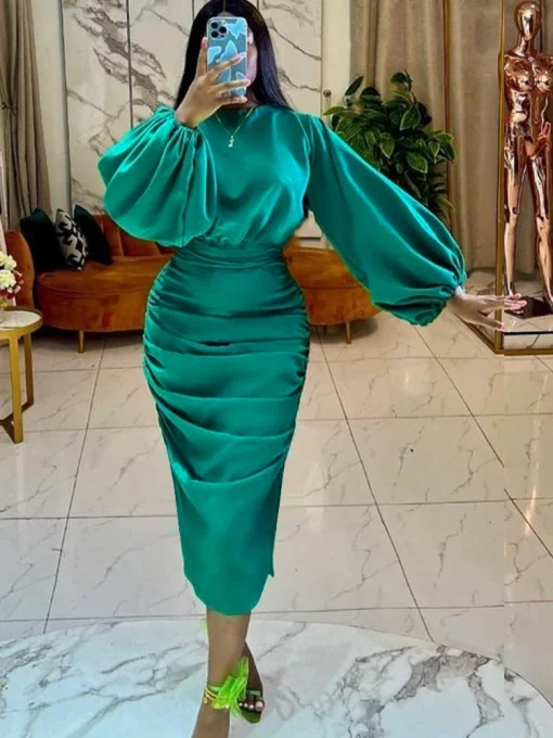 Long Sleeve Green Bodycon Midi Dress - Elegant, Plus Size