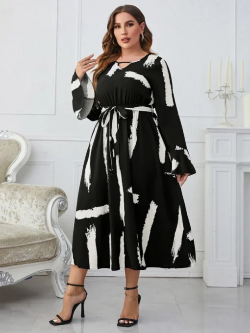 Long Sleeve V-Neck Maxi Dress: Elegant Lace-Up, Plus Size - Image 2