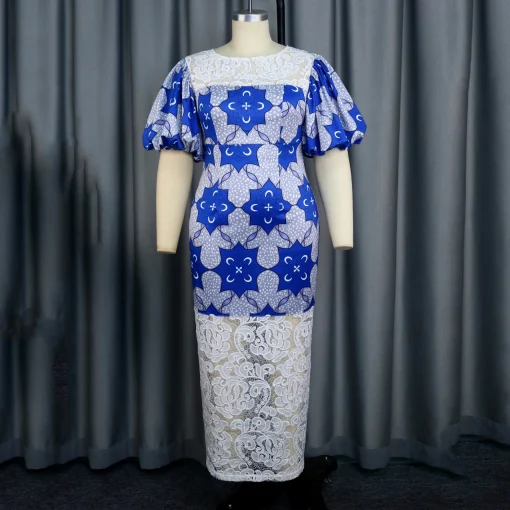 Blue Luxury Printed Dress: Round Neck, Lantern Sleeve, Ankle-Length Elegance - Image 2