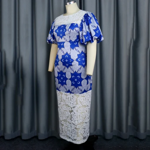 Blue Luxury Printed Dress: Round Neck, Lantern Sleeve, Ankle-Length Elegance - Image 3