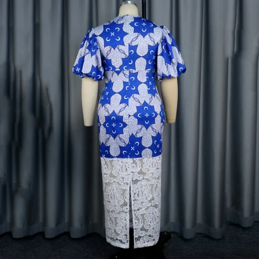 Blue Luxury Printed Dress: Round Neck, Lantern Sleeve, Ankle-Length Elegance - Image 4