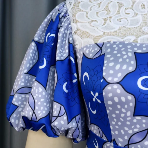 Blue Luxury Printed Dress: Round Neck, Lantern Sleeve, Ankle-Length Elegance - Image 5