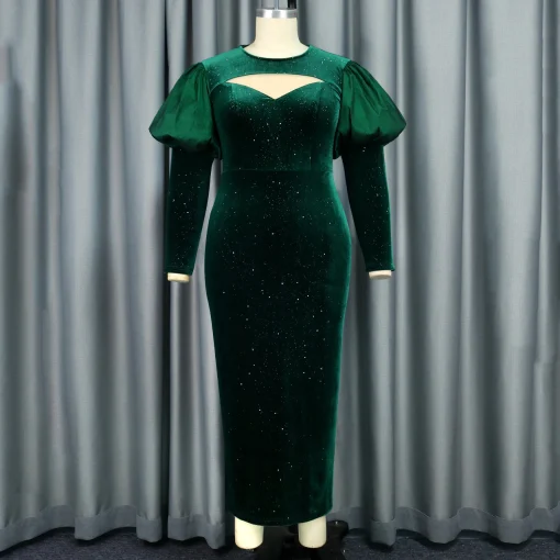 Green Velvet Dress: Round Neck, Full Sleeve, Ankle-Length Elegance - Image 2