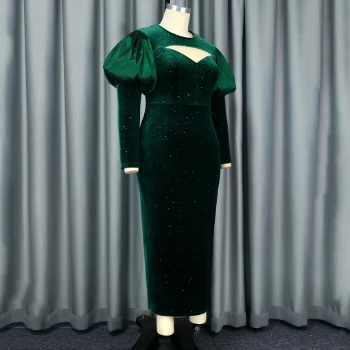 Green Velvet Dress: Round Neck, Full Sleeve, Ankle-Length Elegance - Image 3