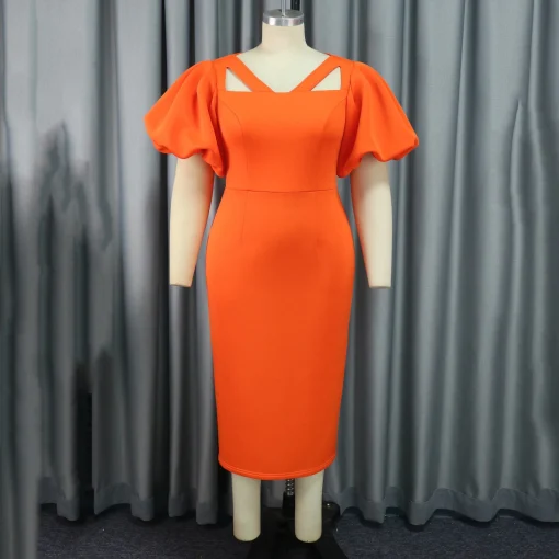 Orange Luxury Dress: Square Neck, Puff Sleeve, Sheath, Elegant Partywear - Image 2