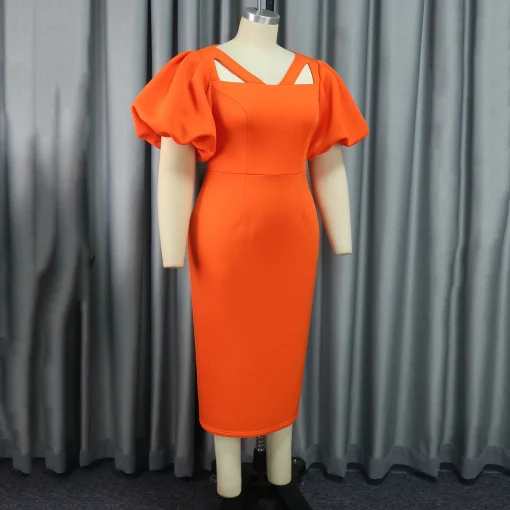 Orange Luxury Dress: Square Neck, Puff Sleeve, Sheath, Elegant Partywear - Image 3