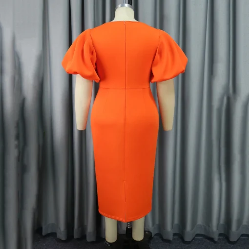 Orange Luxury Dress: Square Neck, Puff Sleeve, Sheath, Elegant Partywear - Image 4