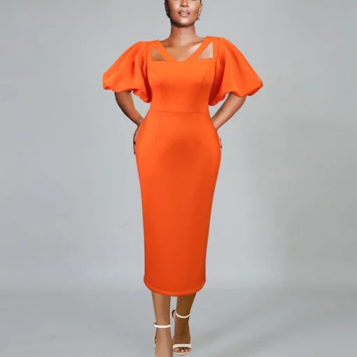 Orange Luxury Dress: Square Neck, Puff Sleeve, Sheath, Elegant Partywear