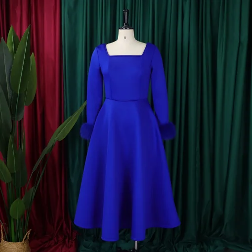 Pleated A-Line Luxury Dress: Square Neck, Full Sleeve, Mid-Calf Celebration - Image 3