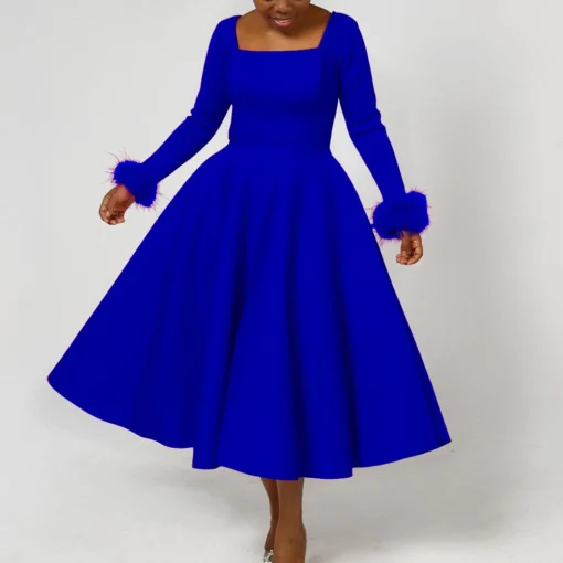 Pleated A-Line Luxury Dress: Square Neck, Full Sleeve, Mid-Calf Celebration