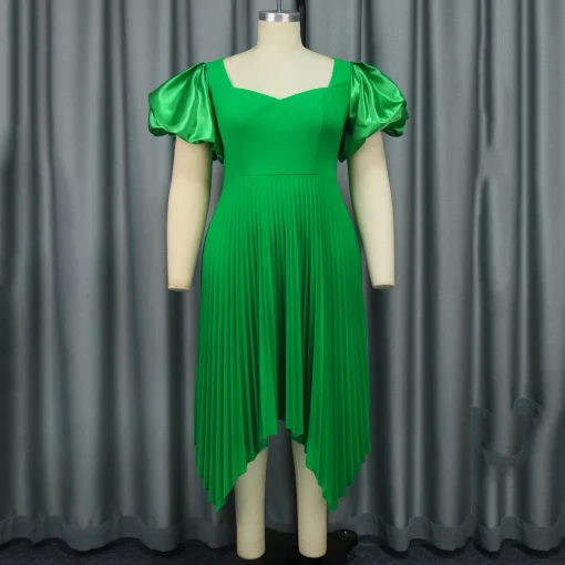 Green Pleated Dress: Square Neck, Lantern Sleeve, Elegant Mid-Calf - Image 2