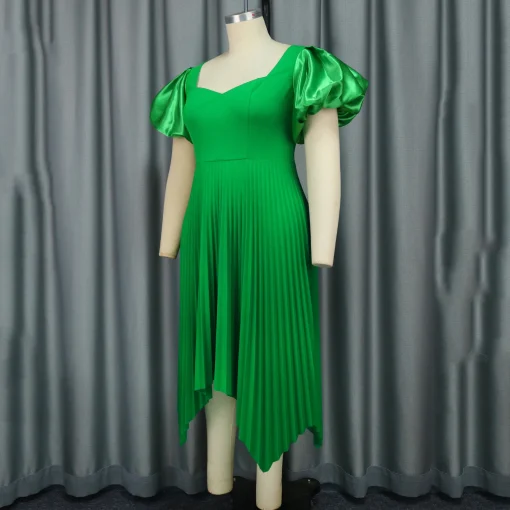 Green Pleated Dress: Square Neck, Lantern Sleeve, Elegant Mid-Calf - Image 3