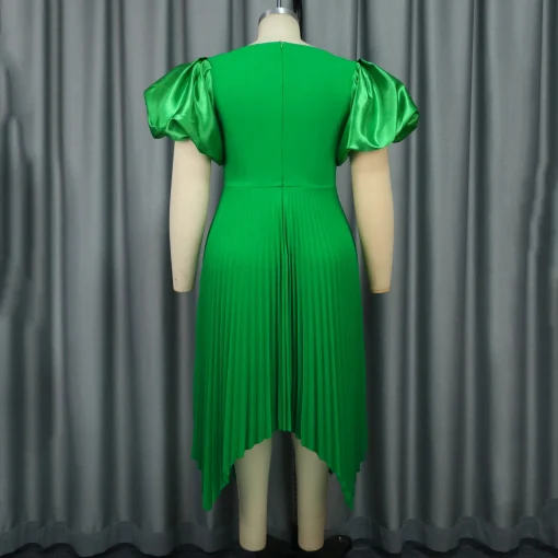 Green Pleated Dress: Square Neck, Lantern Sleeve, Elegant Mid-Calf - Image 4