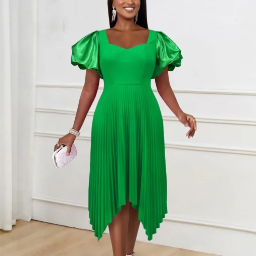 Green Pleated Dress: Square Neck, Lantern Sleeve, Elegant Mid-Calf