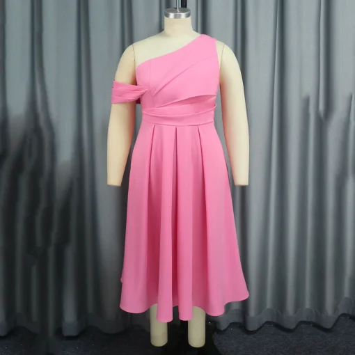 Pink Luxury Dress: One Shoulder, Sleeveless, High Waisted, Pleated Elegance - Image 2