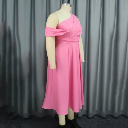 Pink Luxury Dress: One Shoulder, Sleeveless, High Waisted, Pleated Elegance - Image 3