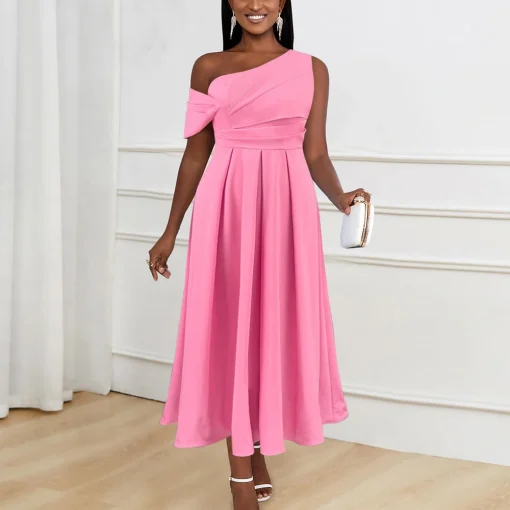 Pink Luxury Dress: One Shoulder, Sleeveless, High Waisted, Pleated Elegance