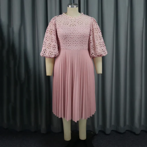 Pink Luxury Pleated Dress: Lace Patchwork, Round Neck, Elegant - Image 2